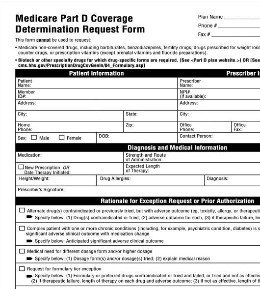 Medicare Part D Coverage Determination Request Form, with sections for patient and prescriber information, diagnosis, medication details, and rationale for prior authorization.