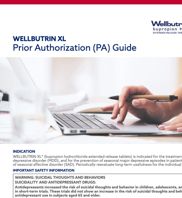 Cover of Wellbutrin XL Prior Authorization Guide, featuring a hand typing on a laptop keyboard, with guide details and safety information below.