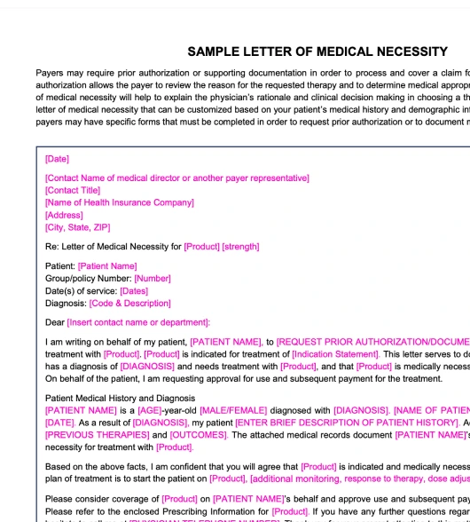 Sample letter of medical necessity template, including fields for patient information, diagnosis, and treatment justification, formatted with placeholders for customization.