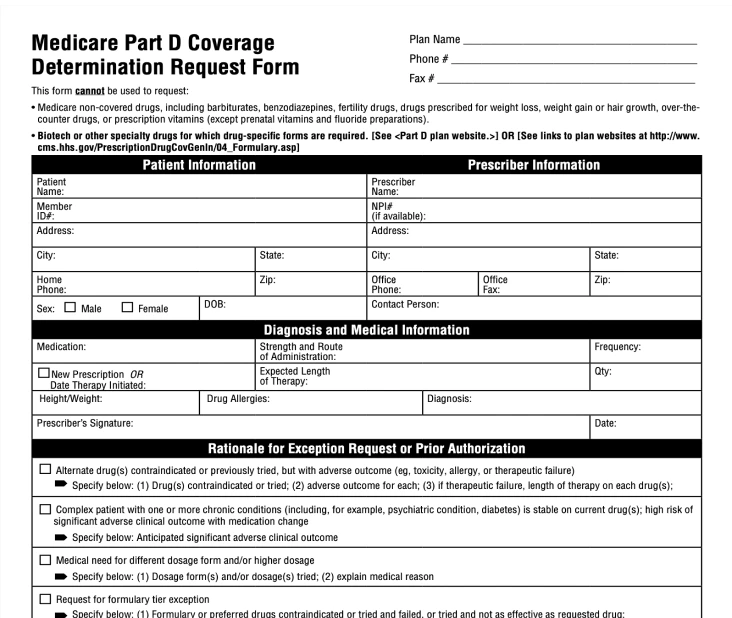 Medicare Part D Coverage Determination Request Form, with sections for patient and prescriber information, diagnosis, medication details, and rationale for prior authorization.