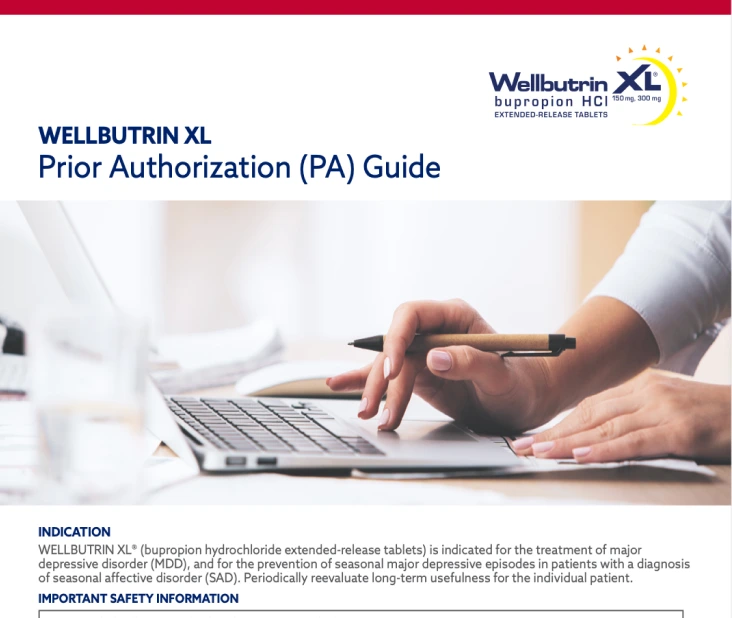 Cover of Wellbutrin XL Prior Authorization Guide, featuring a hand typing on a laptop keyboard, with guide details and safety information below.