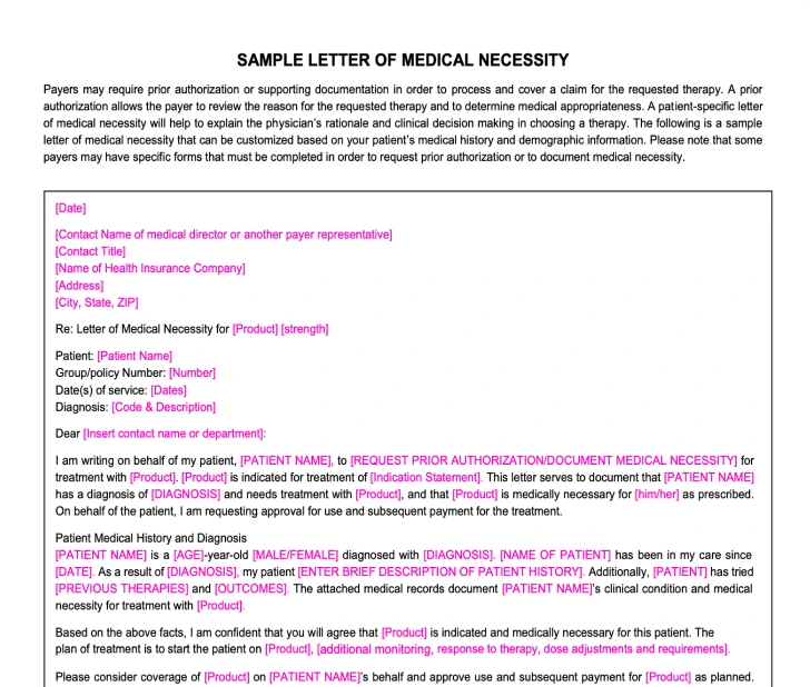 Sample letter of medical necessity template, including fields for patient information, diagnosis, and treatment justification, formatted with placeholders for customization.